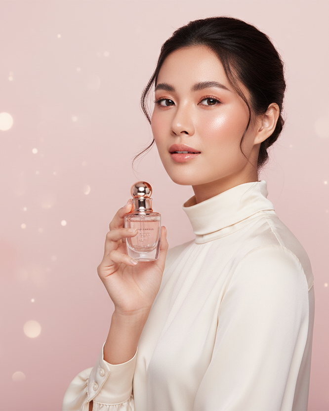 Woman holding a perfume bottle against a pink background